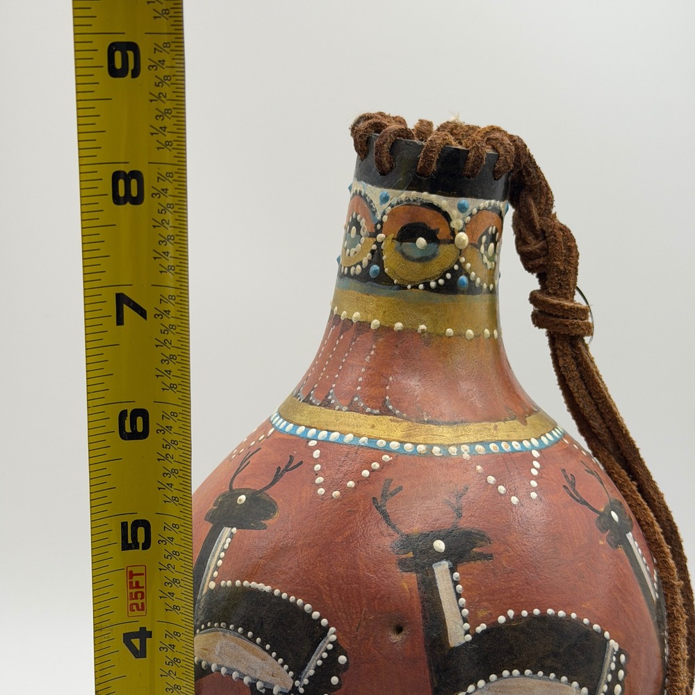 Southwestern Hand-Painted Gourd Vase Antler Base Rustic Lodge Decor Folk Art - Picture 7 of 11